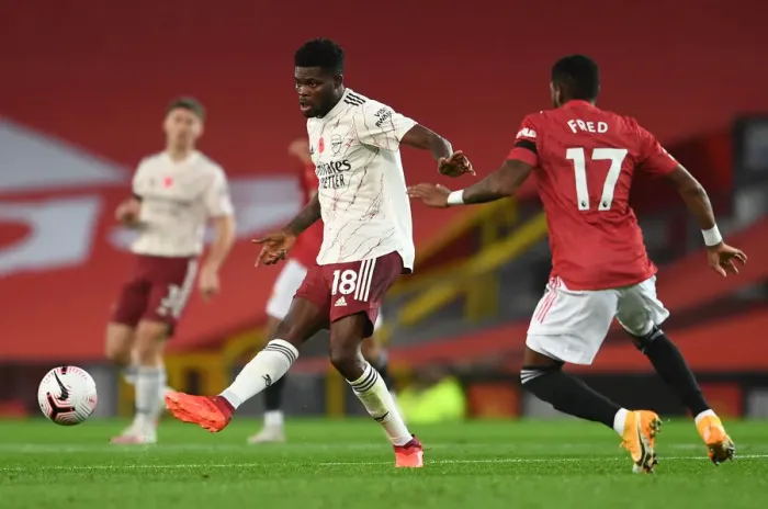 Framed Print : Thomas Partey at Old Trafford: A Quiet Premier League Battle, 2020-21 Framed Print : Thomas Partey at Old Trafford: A Quiet Premier League Battle, 2020-21