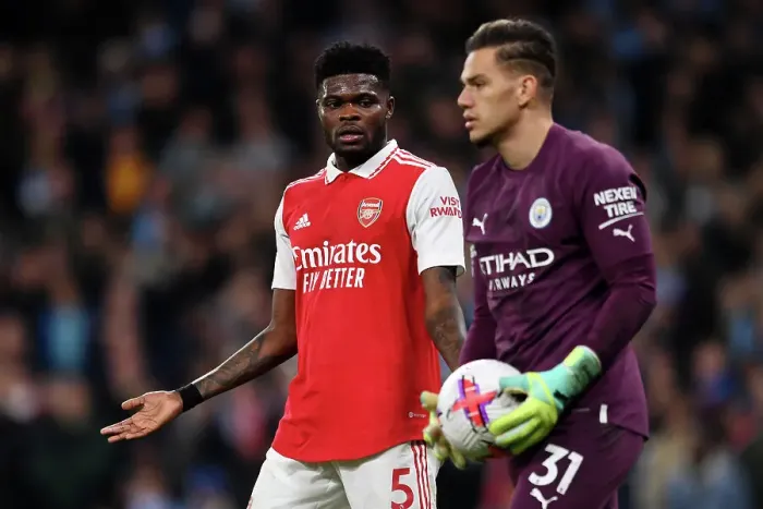 Framed Print : Thomas Partey vs. Ederson: Intense Rivalry in Manchester City vs. Arsenal FC Premier League Clash (2022-23)