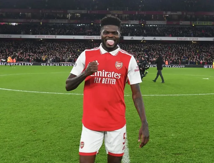Framed Print : Thomas Partey's Celebration: Arsenal FC Triumphs Over Manchester United in the Premier League (2022-23)