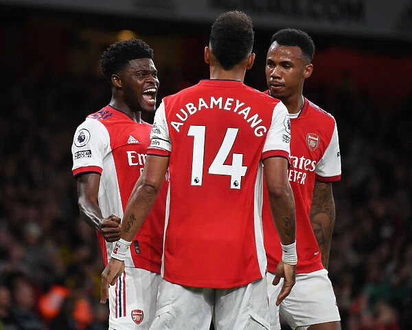 Thomas Partey's First Arsenal Goal: Triumphant Celebration with Gabriel Magalhaes and Pierre-Emerick Aubameyang (2021-22)