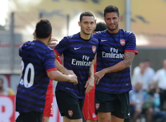 Framed Print : Thomas Vermaelen celebrates scoring Arsenals 1st goal with Santi Cazorla and Olivier Giroud Framed Print : Thomas Vermaelen celebrates scoring Arsenals 1st goal with Santi Cazorla and Olivier Giroud