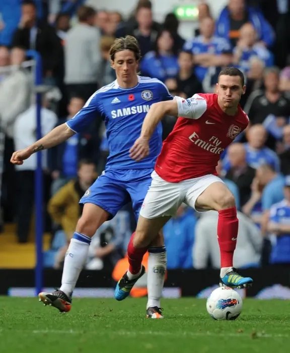 Framed Print : Thomas Vermaelen Charges Past Fernando Torres: Chelsea vs. Arsenal, Premier League 2011-12
