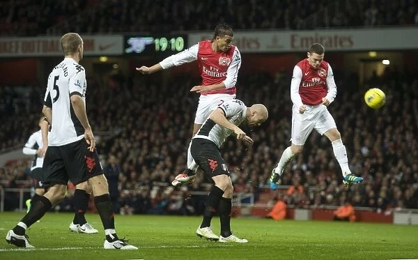 Thomas Vermaelen heads past ther Fulham defence to score the Arsenal goal during the Barclays Premier League match between Arsenal and Fulham at Emirates Stadium on November 26, 2011 in London, England. Credit; Arsenal