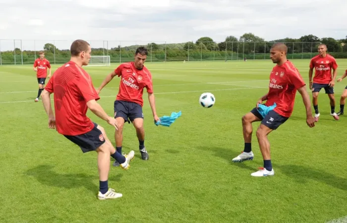 Framed Print : Thomas Vermaelen Marouane Chamakh and Armand Traore (Arsenal). Arsenal Training Ground