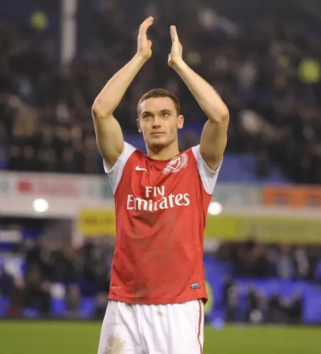 Framed Print : Thomas Vermaelen's Celebration: Everton vs. Arsenal in the Premier League (2011-12)