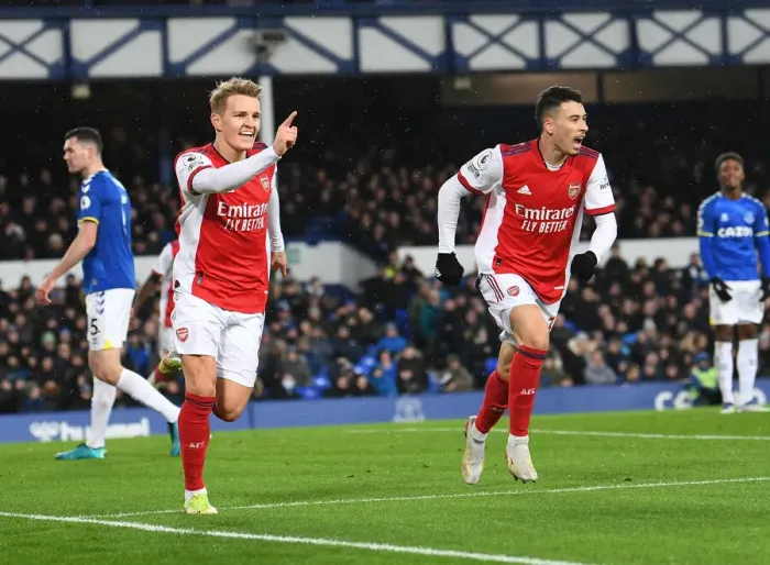 Framed Print : Thrilling Goal Celebration: Martin Odegaard and Gabriel Martinelli Score for Arsenal against Everton (2020-21)