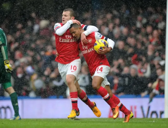 Framed Print : The Thrilling Goal and Emotional Reaction of Theo Walcott and Jack Wilshere (Chelsea vs. Arsenal, Premier League 2012-13)