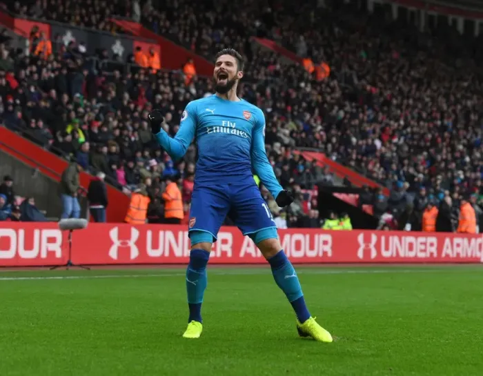 Framed Print : Thrilling Goal: Olivier Giroud Scores for Arsenal Against Southampton in the Premier League, 2017