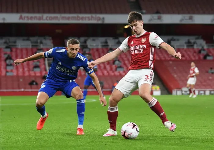 Framed Print : Tierney vs Castagne: A Football Rivalry at the Empty Emirates - Arsenal vs Leicester City (2020-21)