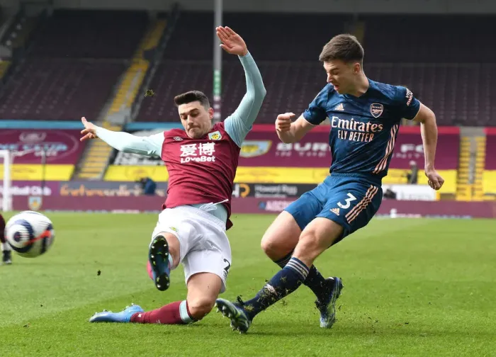 Framed Print : Tierney vs. Lowton: A Football Battle at Empty Turf Moor - Burnley vs. Arsenal (2020-21)