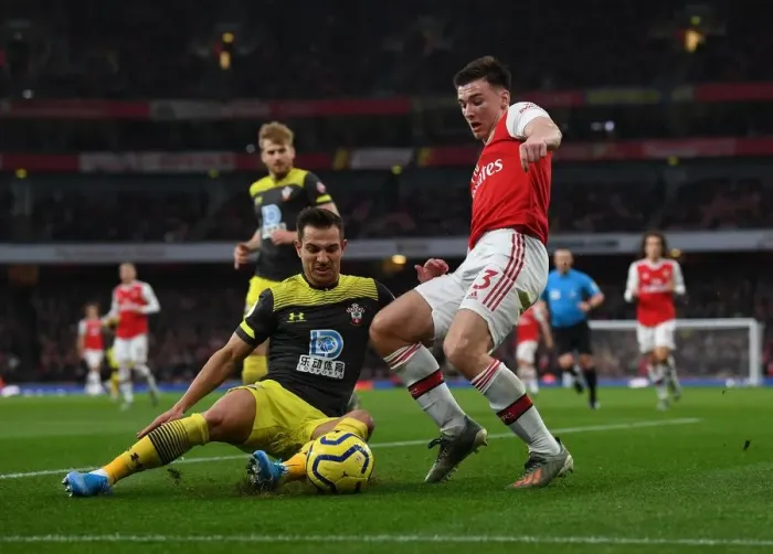 Framed Print : Tierney vs Soares: A Football Rivalry Unfolds - Arsenal vs Southampton, Premier League 2019-20