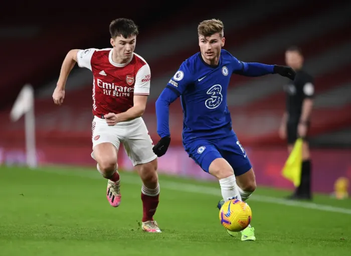 Framed Print : Tierney vs. Werner: A Battle at the Emirates - Arsenal vs. Chelsea, Premier League 2020-21: Clash of Stars