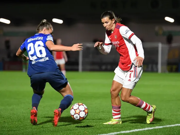 Framed Print : Tobin Heath vs. Laura Wienroither: A Battle in the Arsenal vs. Hoffenheim UEFA Women's Champions League Clash