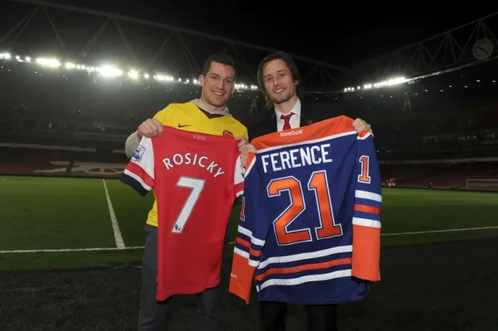 Framed Print : Tomas Rosicky and Andrew Ference: Unlikely Friends Celebrate Arsenal's Victory Over Newcastle United