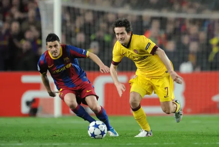 Framed Print : Tomas Rosicky (Arsenal) David Villa (Barcelona). Barcelona 3: 1 Arsenal