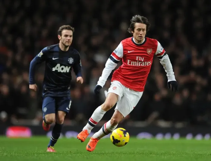 Framed Print : Tomas Rosicky (Arsenal) Juan Mata (Man Utd). Arsenal 0: 0 Manchester United. Barclays Premier League