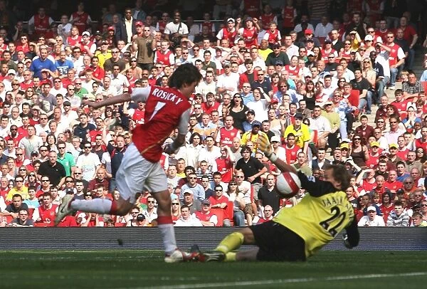 Tomas Rosicky shoots past Jussi Jaaskelainen to score the 1st Arsenal goal
