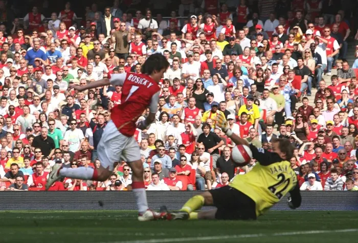Framed Print : Tomas Rosicky shoots past Jussi Jskelainen to score the 1st Arsenal goal Framed Print : Tomas Rosicky shoots past Jussi Jskelainen to score the 1st Arsenal goal