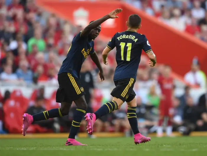 Framed Print : Torreira and Pepe Celebrate Goal: Liverpool vs. Arsenal, 2019-20 Premier League