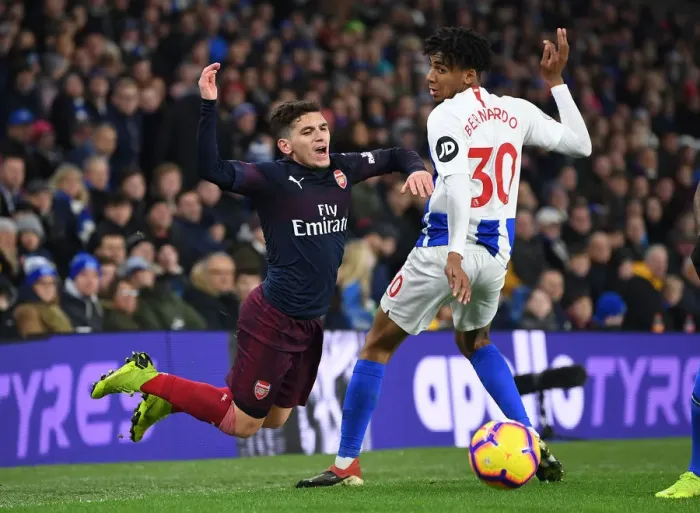 Framed Print : Torreira vs Bernardo: Intense Battle in Brighton & Hove Albion vs Arsenal FC Premier League Clash Framed Print : Torreira vs Bernardo: Intense Battle in Brighton & Hove Albion vs Arsenal FC Premier League Clash