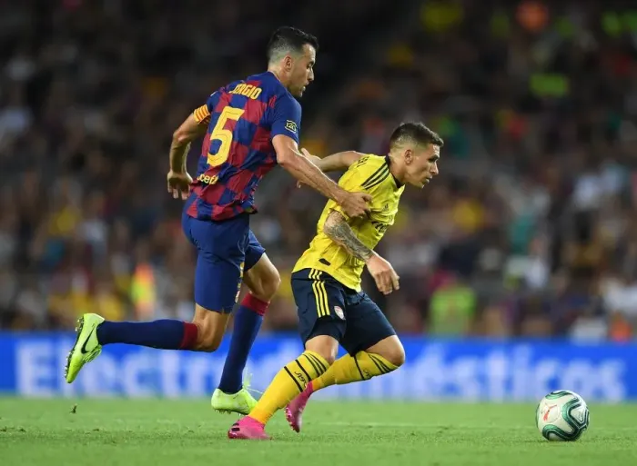 Framed Print : Torreira vs. Busquets: FC Barcelona vs. Arsenal Pre-Season Clash, 2019