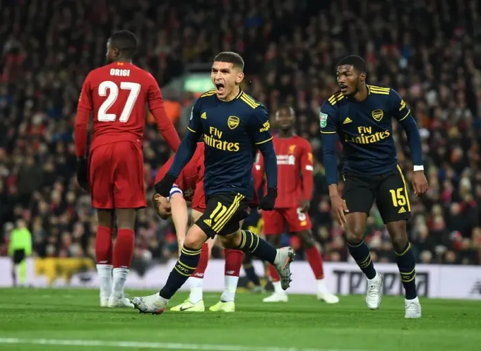 Framed Print : Torreira's Stunner: Arsenal's Carabao Cup Upset over Liverpool