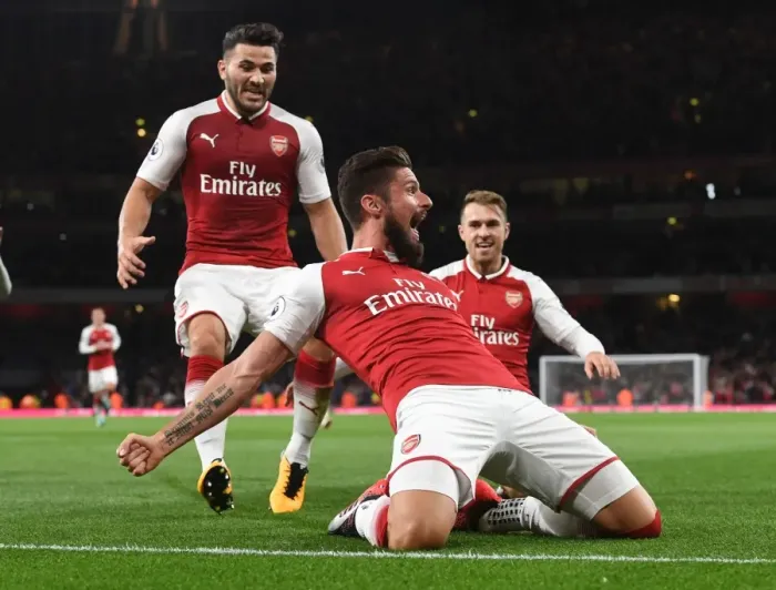 Framed Print : Triumphant Arsenal: Giroud, Kolasinac, and Ramsey Celebrate Goals Against Leicester City (2017-18)