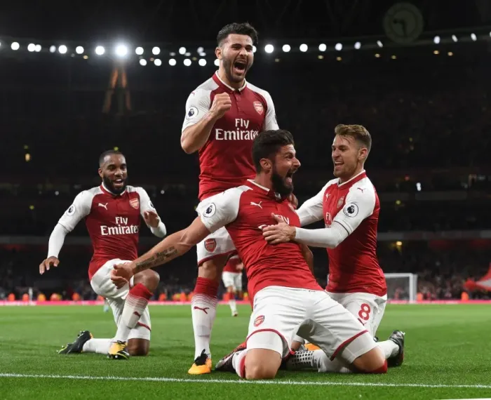 Framed Print : Triumphant Arsenal: Giroud, Kolasinac, Ramsey Celebrate Goals Against Leicester City (2017-18) Framed Print : Triumphant Arsenal: Giroud, Kolasinac, Ramsey Celebrate Goals Against Leicester City (2017-18)