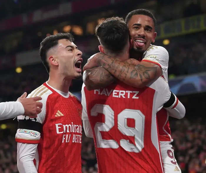 Framed Print : Triumphant Arsenal Trio: Havertz, Jesus, Martinelli Celebrate First Goals in Champions League Victory (2023-24)