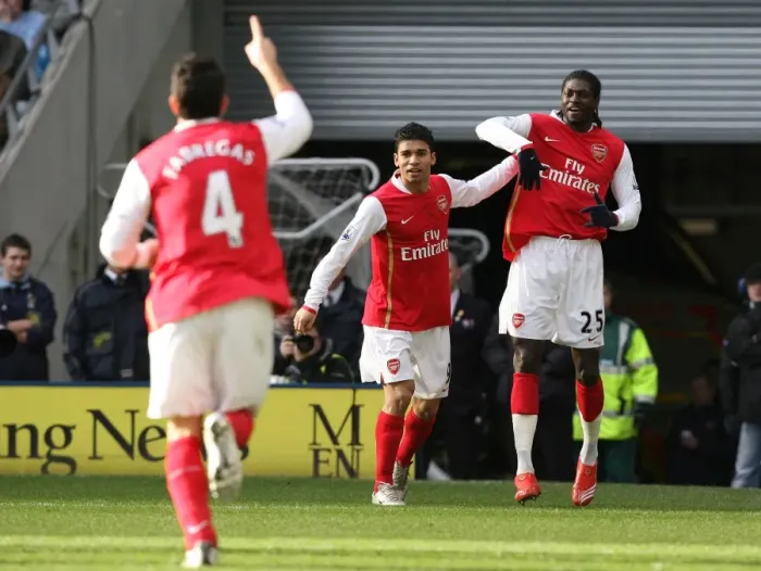 Framed Print : Triumphant Threesome: Adebayor, Eduardo, and Fabregas Celebrate Arsenal's First Goal in Manchester City R rout (2008) Framed Print : Triumphant Threesome: Adebayor, Eduardo, and Fabregas Celebrate Arsenal's First Goal in Manchester City R rout (2008)