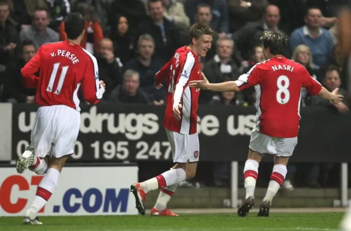 Framed Print : Triumphant Threesome: Bendtner, Van Persie, Nasri Celebrate First Arsenal Goal Against Newcastle (2009) Framed Print : Triumphant Threesome: Bendtner, Van Persie, Nasri Celebrate First Arsenal Goal Against Newcastle (2009)
