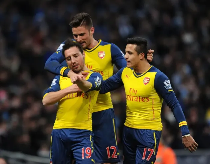 Framed Print : Triumphant Threesome: Cazorla, Giroud, Sanchez - Arsenal's Goal Celebration vs. Manchester City