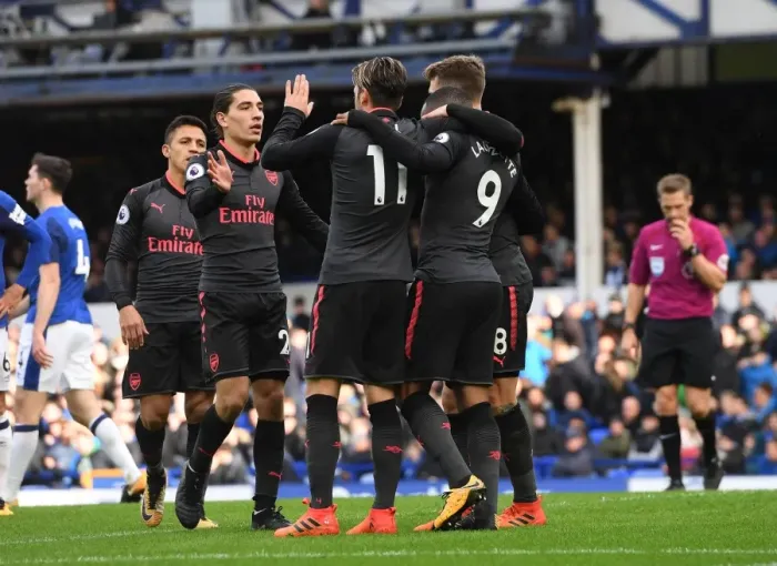 Framed Print : Triumphant Threesome: Lacazette, Ozil, and Bellerin Celebrate Arsenal's Goals Against Everton Framed Print : Triumphant Threesome: Lacazette, Ozil, and Bellerin Celebrate Arsenal's Goals Against Everton