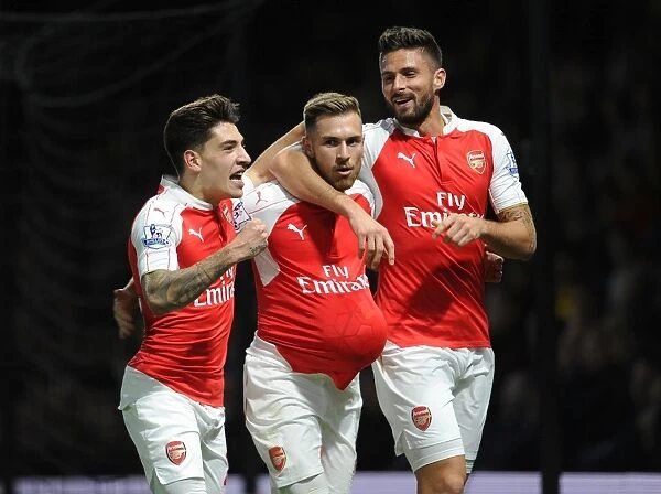 Triumphant Threesome: Ramsey, Giroud, Bellerin - Celebrating Arsenal's Goals Against Watford (2015 / 16)