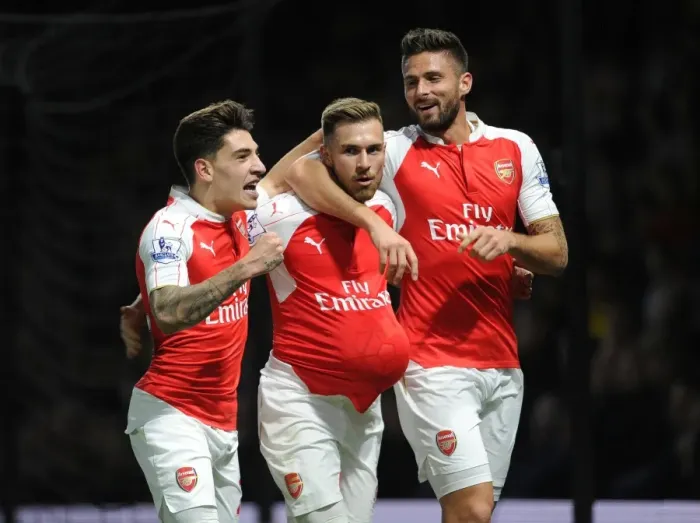 Framed Print : Triumphant Threesome: Ramsey, Giroud, Bellerin - Celebrating Arsenal's Goals Against Watford (2015 / 16) Framed Print : Triumphant Threesome: Ramsey, Giroud, Bellerin - Celebrating Arsenal's Goals Against Watford (2015 / 16)