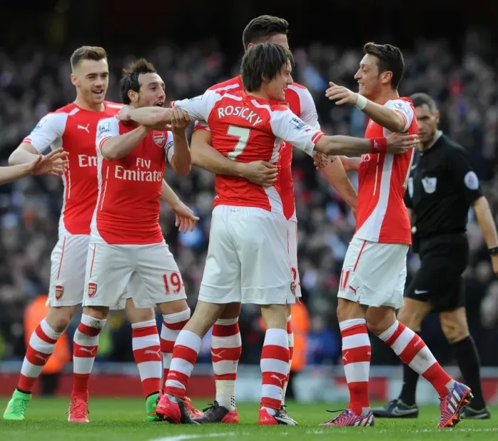 Framed Print : Triumphant Threesome: Rosicky, Ozil, and Cazorla Celebrate Arsenal's 2-0 Over Everton Framed Print : Triumphant Threesome: Rosicky, Ozil, and Cazorla Celebrate Arsenal's 2-0 Over Everton