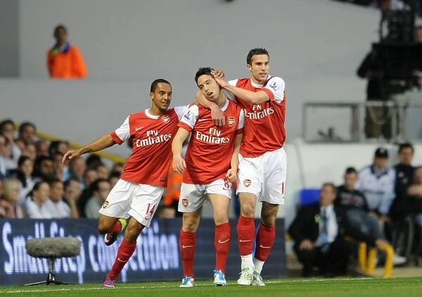 Triumphant Trio: Nasri, Walcott, van Persie Celebrate Arsenal's Equalizer vs. Tottenham, 20 / 4 / 11