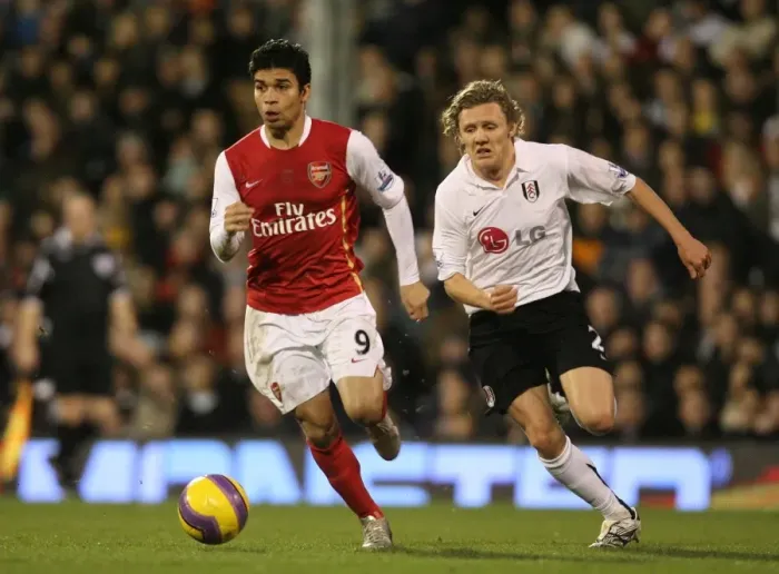 Framed Print : Triumphant Trios: Eduardo's Brilliant Brace Against Fulham's Jimmy Bullard in Arsenal's 3-0 Victory Framed Print : Triumphant Trios: Eduardo's Brilliant Brace Against Fulham's Jimmy Bullard in Arsenal's 3-0 Victory