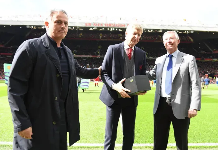 Framed Print : Triumvirate of Football Legends: Wenger, Ferguson, and Mourinho's Iconic Clash - Manchester United vs. Arsenal (2017-18)