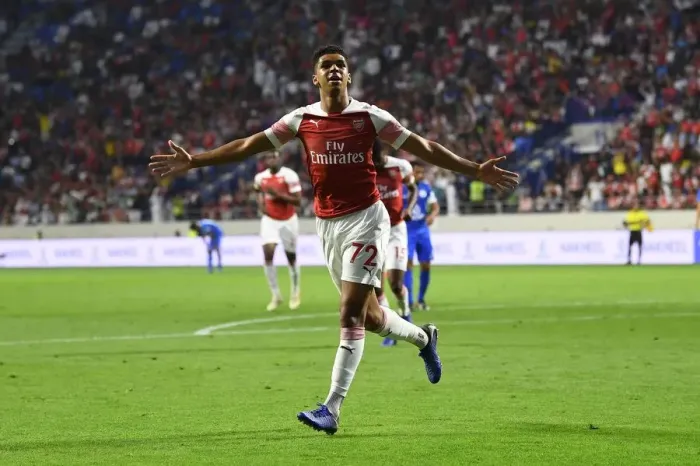 Framed Print : Tyreece John-Jules Scores Arsenal's Third Goal in Al-Nasr Dubai SC Match, 2018-19 Framed Print : Tyreece John-Jules Scores Arsenal's Third Goal in Al-Nasr Dubai SC Match, 2018-19