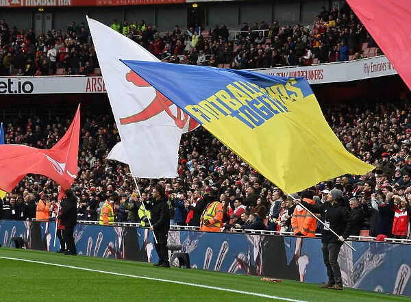 Ukraine Flag Waved at Arsenal vs. Leicester City Premier League Match, Emirates Stadium, London, England (2021-22)