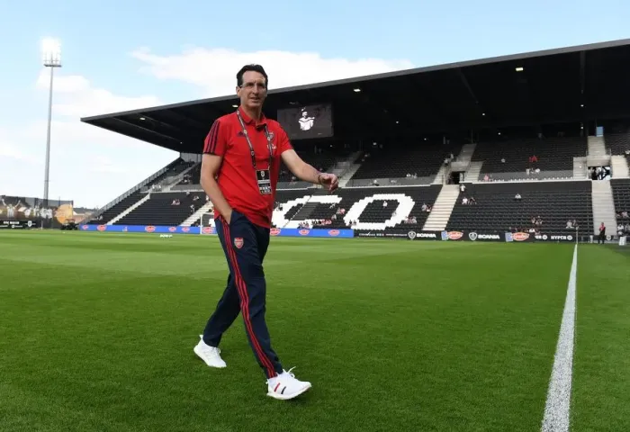 Framed Print : Unai Emery Inspects Angers Stade Raymond Kopa Pitch Ahead of Arsenal Friendly Framed Print : Unai Emery Inspects Angers Stade Raymond Kopa Pitch Ahead of Arsenal Friendly