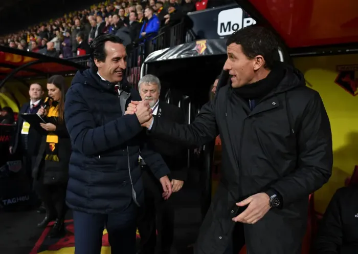 Framed Print : Unai Emery and Javi Gracia Pre-Match Handshake: Watford vs. Arsenal, Premier League 2018-19