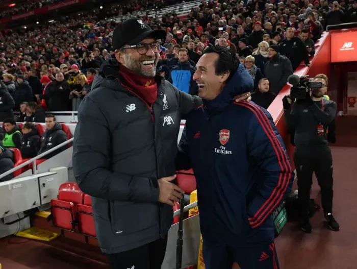 Framed Print : Unai Emery and Jurgen Klopp Face Off: Carabao Cup Showdown Between Liverpool and Arsenal