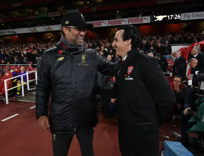 Framed Print : Unai Emery and Jurgen Klopp: Pre-Match Encounter between Arsenal and Liverpool FC in the Premier League Framed Print : Unai Emery and Jurgen Klopp: Pre-Match Encounter between Arsenal and Liverpool FC in the Premier League