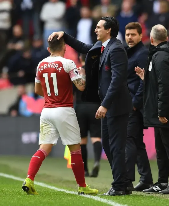 Framed Print : Unai Emery and Lucas Torreira: Arsenal's Dual Exit from Wembley Amidst Tottenham's Premier League Battle (2019)