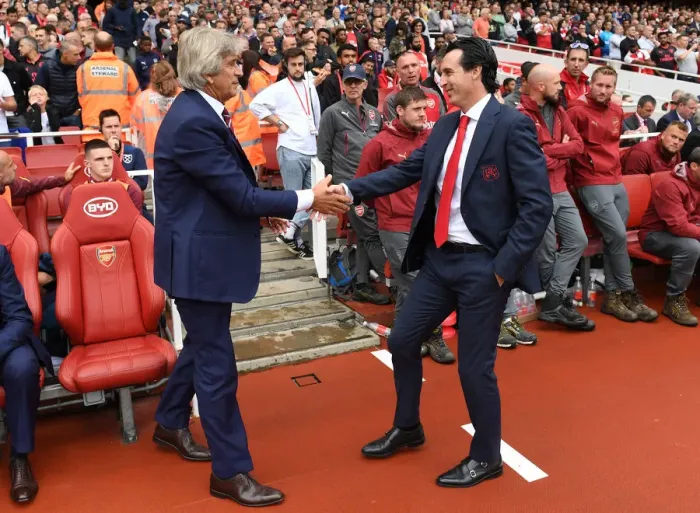 Framed Print : Unai Emery and Manuel Pellegrini Pre-Match Handshake: Arsenal vs West Ham United, Premier League 2018-19