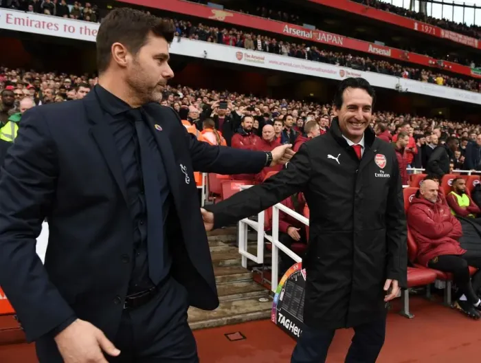 Framed Print : Unai Emery and Mauricio Pochettino Pre-Match Greeting: Arsenal FC vs. Tottenham Hotspur, Premier League, 2018-19 Framed Print : Unai Emery and Mauricio Pochettino Pre-Match Greeting: Arsenal FC vs. Tottenham Hotspur, Premier League, 2018-19