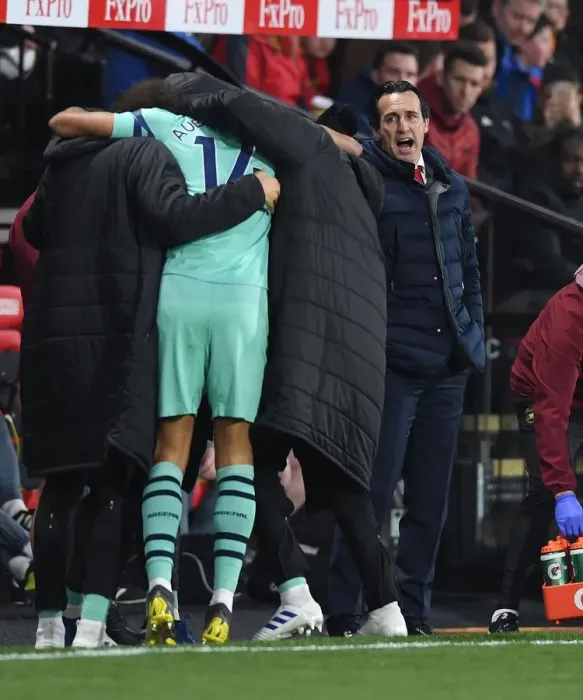 Framed Print : Unai Emery and Pierre-Emiliano Aubameyang Celebrate Arsenal's Winning Goal vs. Watford, Premier League 2018-19 Framed Print : Unai Emery and Pierre-Emiliano Aubameyang Celebrate Arsenal's Winning Goal vs. Watford, Premier League 2018-19