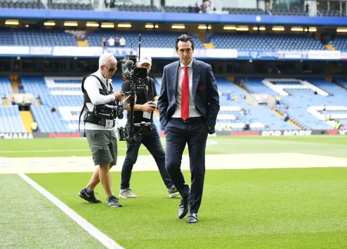 Framed Print : Unai Emery Scouts Chelsea's Stamford Bridge Pitch Ahead of Arsenal-Chelsea Showdown (2018-19)
